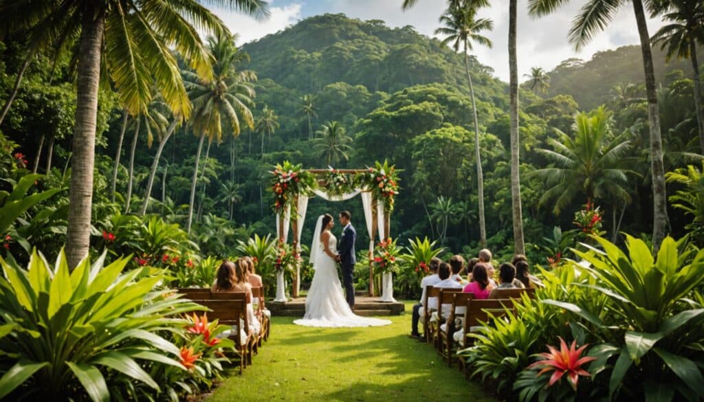 Cérémonie en plein air au milieu des jardins tropicaux