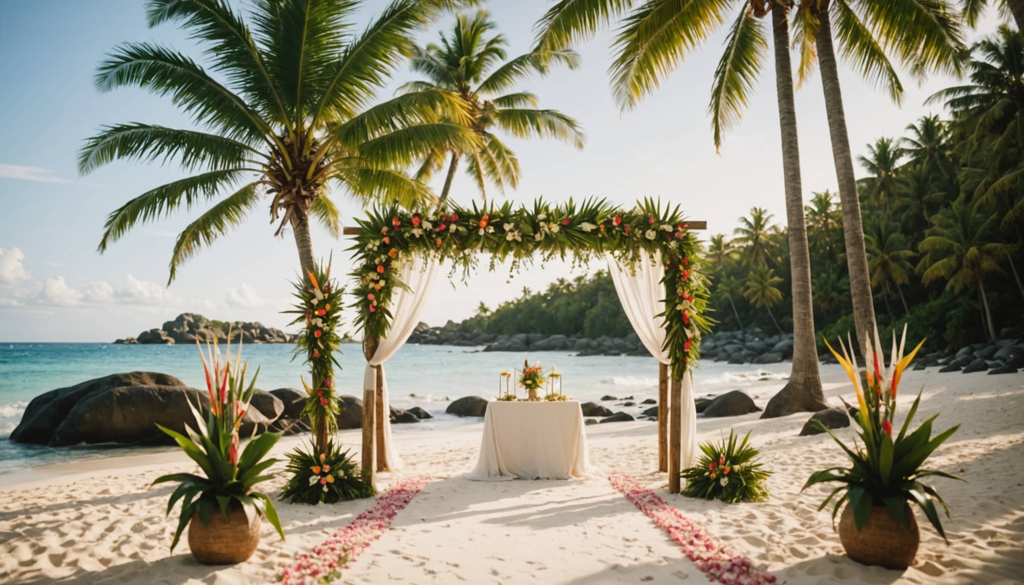 Cérémonie romantique sur une plage de Mahé  
Échange de vœux au soleil sur une belle île