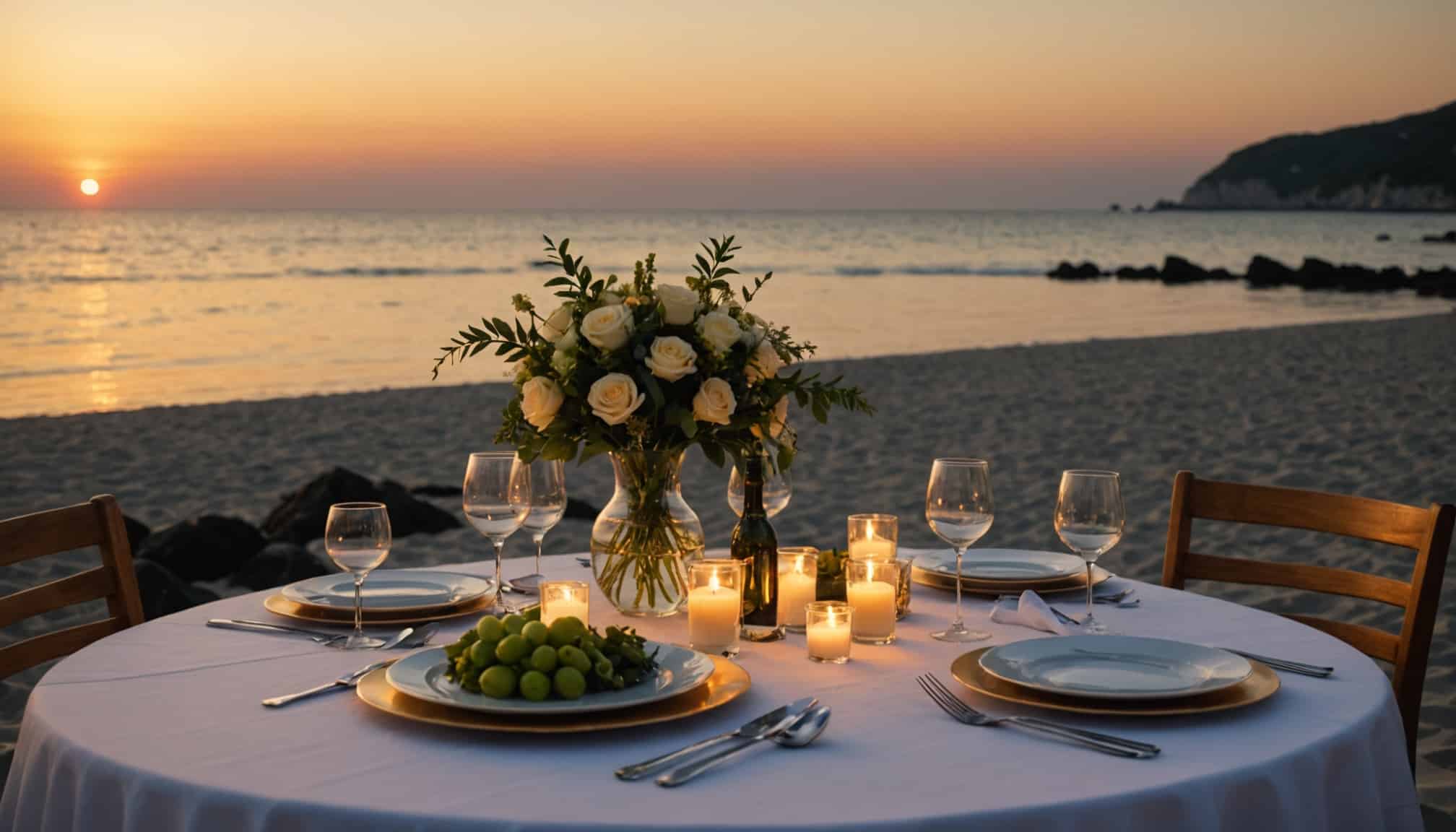 Dîner romantique en bord de mer aux Seychelles  
Célébration nuptiale sur la plage sous les étoiles