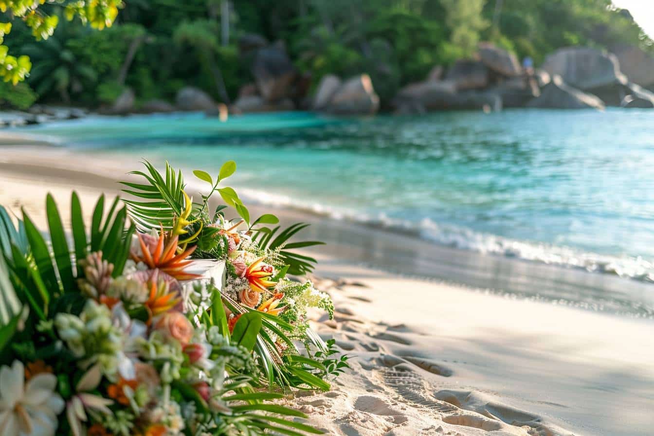 Invités de mariage heureux sur une plage seychelloise  
Cérémonie festive avec vue sur l'océan turquoise