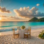 plage de Praslin avec un couple en tenue nuptiale