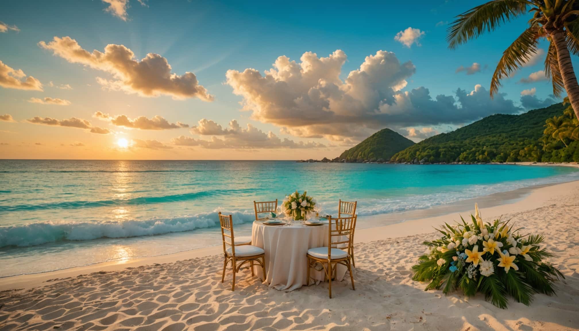 plage de Praslin avec un couple en tenue nuptiale