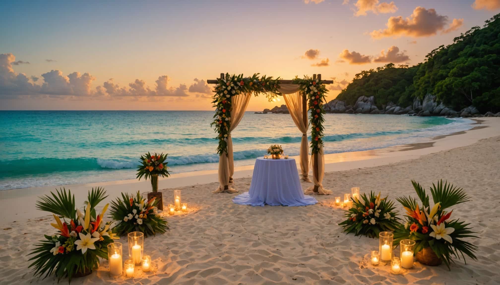 Mariage romantique sur la plage d'Anse Lazio  
Cérémonie élégante au bord de l'eau turquoise