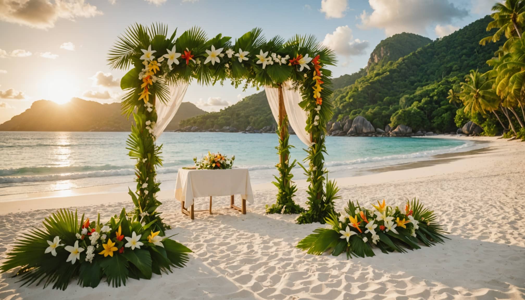 plage secrète aux Seychelles pour un mariage intime  
cérémonie romantique sur le sable aux Seychelles