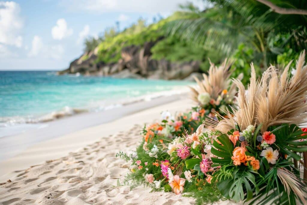 Invités de mariage heureux sur une plage seychelloise